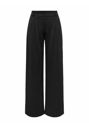 Pantaloni neri a gamba larga con vita aderente, pince frontali e chiusura con bottone. Realizzati in un materiale fluido, presentano una texture liscia.