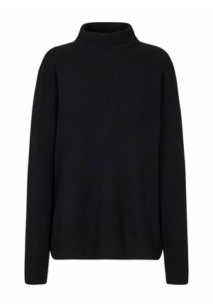 Zwarte, geribbelde trui met col, lange mouwen en een ontspannen pasvorm. De stoftextuur lijkt zacht en warm, geschikt om in lagen te dragen.