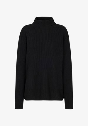 Zwarte, geribbelde trui met col, lange mouwen en een ontspannen pasvorm. De stoftextuur lijkt zacht en warm, geschikt om in lagen te dragen.