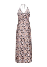 Longue robe à col halter avec un motif tourbillonnant en forme de larme beige, noir et blanc et un nœud noué au cou.