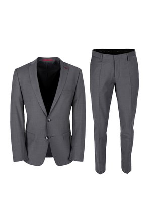 Gray suit with two-button jacket featuring a narrow lapel, front pockets, and matching flat-front trousers. Lightweight fabric with a smooth texture.