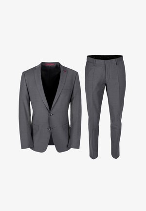 Grau Anzug mit Zweiknopfjacke und schmalem Revers, vorderen Taschen und passender, flacher Hose. Leichter Stoff mit glatter Textur.