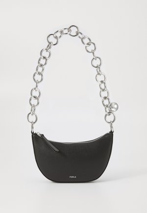 Black leather handbag with a curved shape, featuring a silver chain strap and a zip closure, embossed brand name at the front.