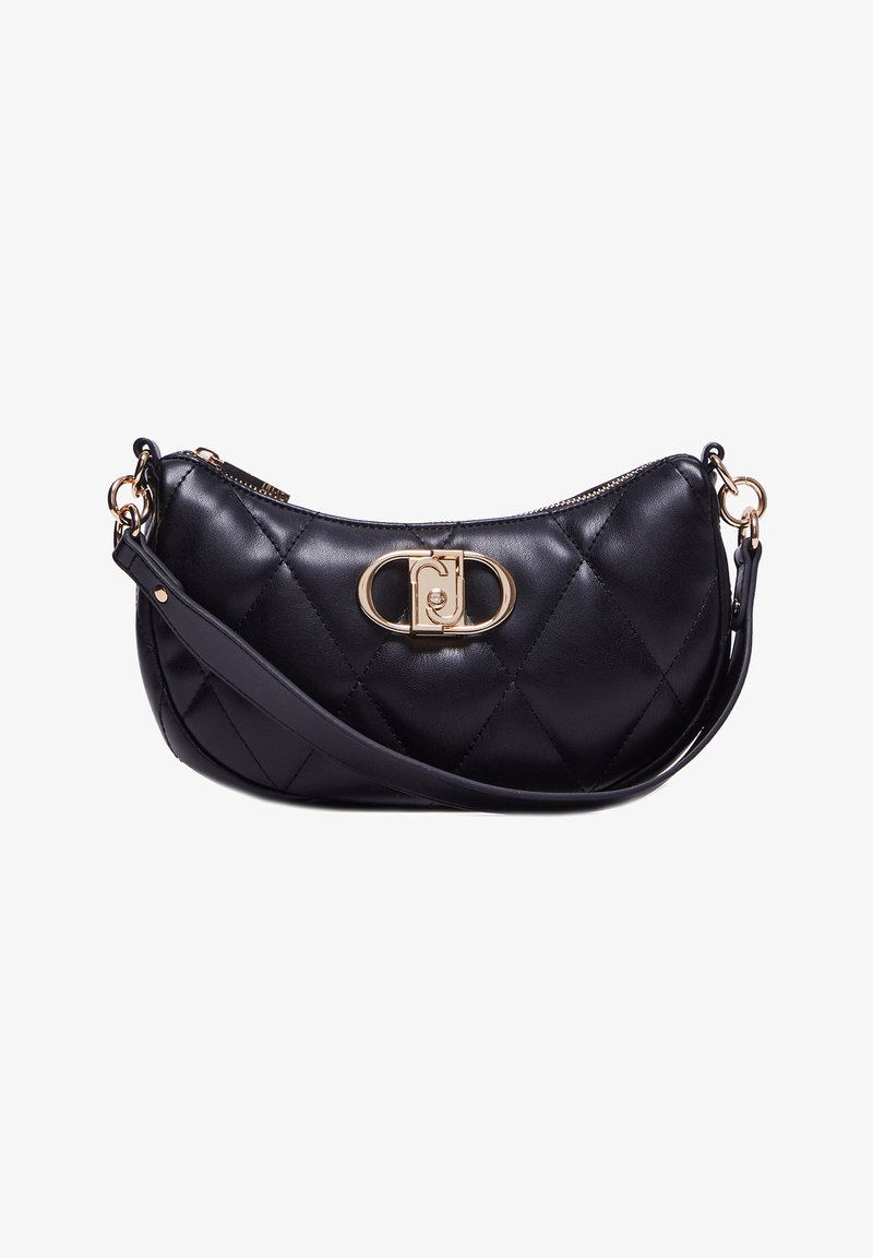 Sac à main en cuir matelassé noir avec une forme arrondie, présentant une fermeture en métal doré et une bandoulière détachable.