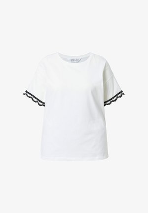 Weißes Baumwoll-T-Shirt mit schwarzem Spitzenbesatz an den Kurzärmeln. Hat einen runden Halsausschnitt und eine lässige Passform. Glatte Textur.