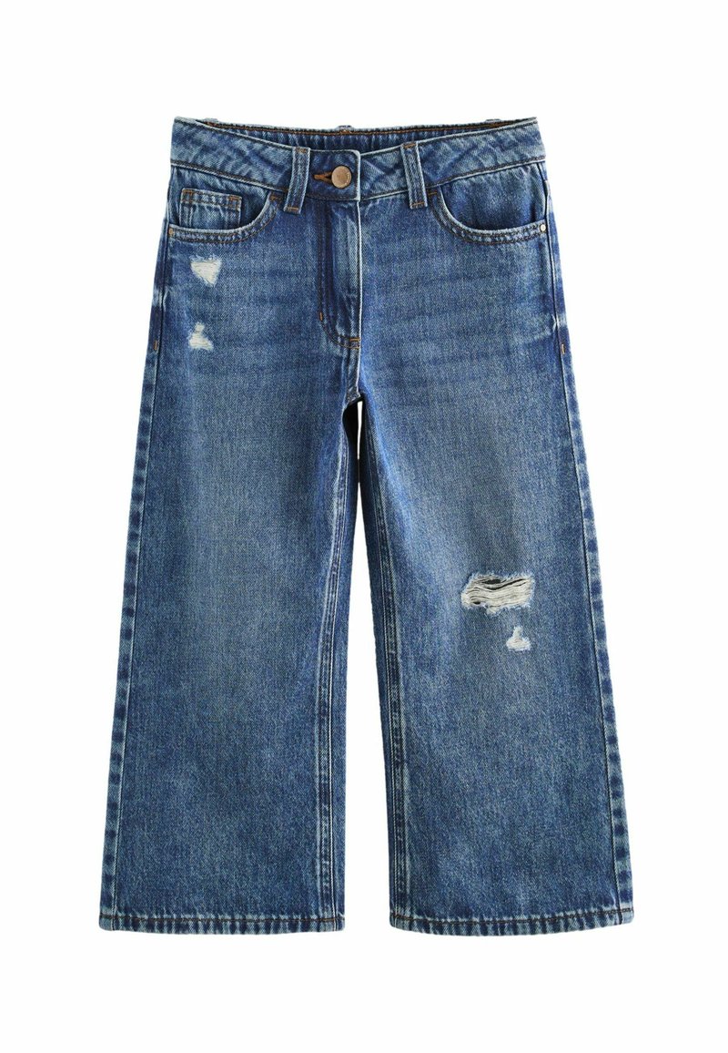 Jeans in denim blu con gamba ampia e dettagli strappati, dotati di una vita con bottone, cinque tasche e un design con gamba dritta.