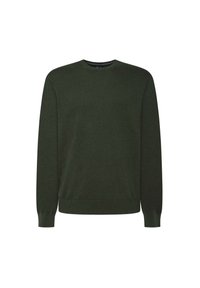 Pullover a girocollo di un verde scuro, realizzato in un tessuto morbido e testurizzato. Maniche lunghe con polsini e orlo a costine. Design semplice e classico senza fantasie.