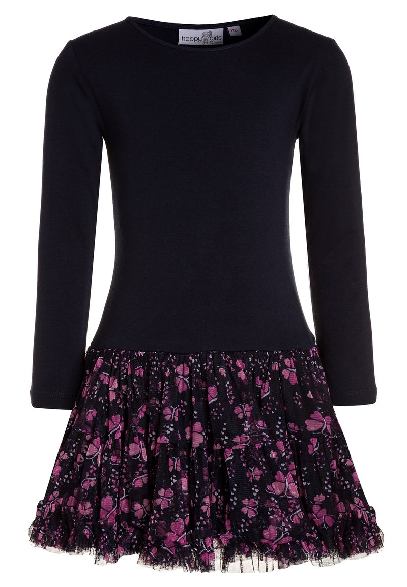 Abito a maniche lunghe con corpetto blu navy e gonna svasata a strati in tessuto nero decorato con motivi floreali rosa e rifiniture in pizzo.