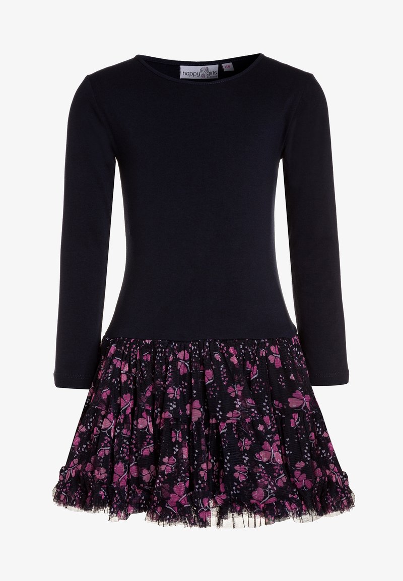 Abito a maniche lunghe con corpetto blu navy e gonna svasata a strati in tessuto nero decorato con motivi floreali rosa e rifiniture in pizzo.