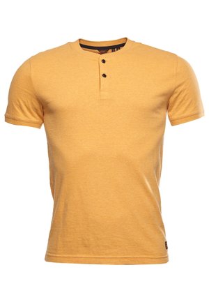 Yellow short-sleeve t-shirt with a crew neckline, featuring a three-button placket and a soft, textured fabric.
