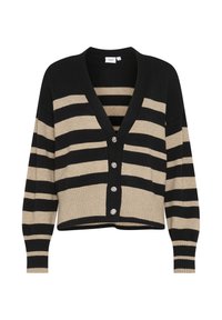 Cardigan rayé noir et beige avec un col en V, un ourlet côtelé et cinq boutons décoratifs à l'avant. En matériau tricoté doux.