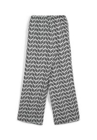 Pantaloni a gamba larga in bianco e nero con un motivo a foglie, vita elasticizzata e tessuto leggero con una superficie liscia.