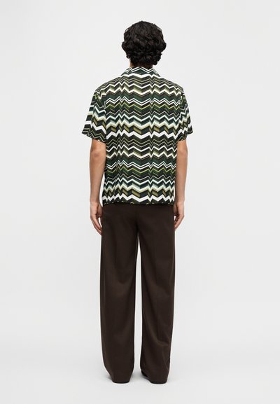 Πουκάμισο με κοντά μανίκια και ζιγκ-ζαγκ μοτίβο  σε πράσινο, μαύρο και λευκό, συνδυασμένο με καφέ παντελόνι με φαρδιά πόδια· ελαφρύ ύφασμα, άνετη γραμμή.