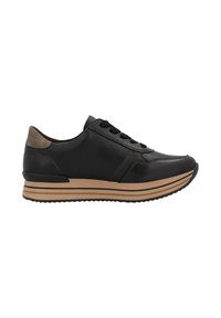 Schwarze Ledersneaker mit einer braunen Gummisohle, ausgestattet mit schwarzen Schnürsenkeln, einer strukturierten Schuhspitze und braunen Wildlederakzenten an der Ferse.