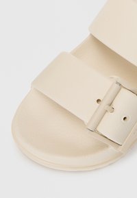 Sandali beige con due fasce larghe, caratterizzati da una superficie strutturata e un dettaglio in metallo a fibbia, su uno sfondo bianco.