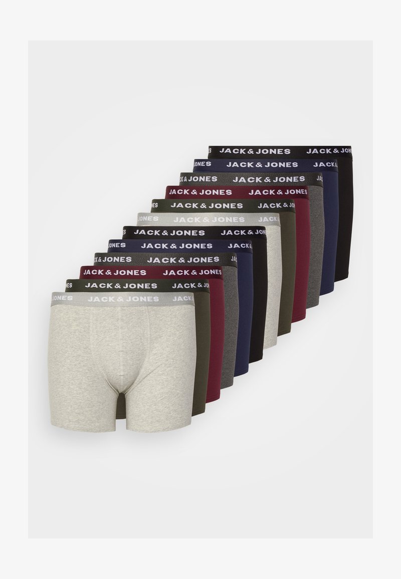 Μαλακά μποξεράκια σε διάφορα χρώματα, όπως γκρι, σκούρο πράσινο, μπορντώ και ναυτικό μπλε, με ελαστική μέση που φέρει την ένδειξη "JACK & JONES."