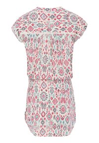 Robe courte avec motifs géométriques roses, bleus et gris, détails plissés sur le dessus, et coupe ample à la taille.