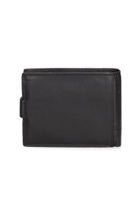 Portafoglio in pelle nera con texture liscia, forma rettangolare e dettagli di cucitura discreti. Presenta un ritaglio laterale per un accesso facile.