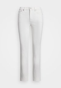 White denim jeans with a straight cut, mid-rise waist, and five pockets. Features a button and zipper closure, and subtle stitching accents.