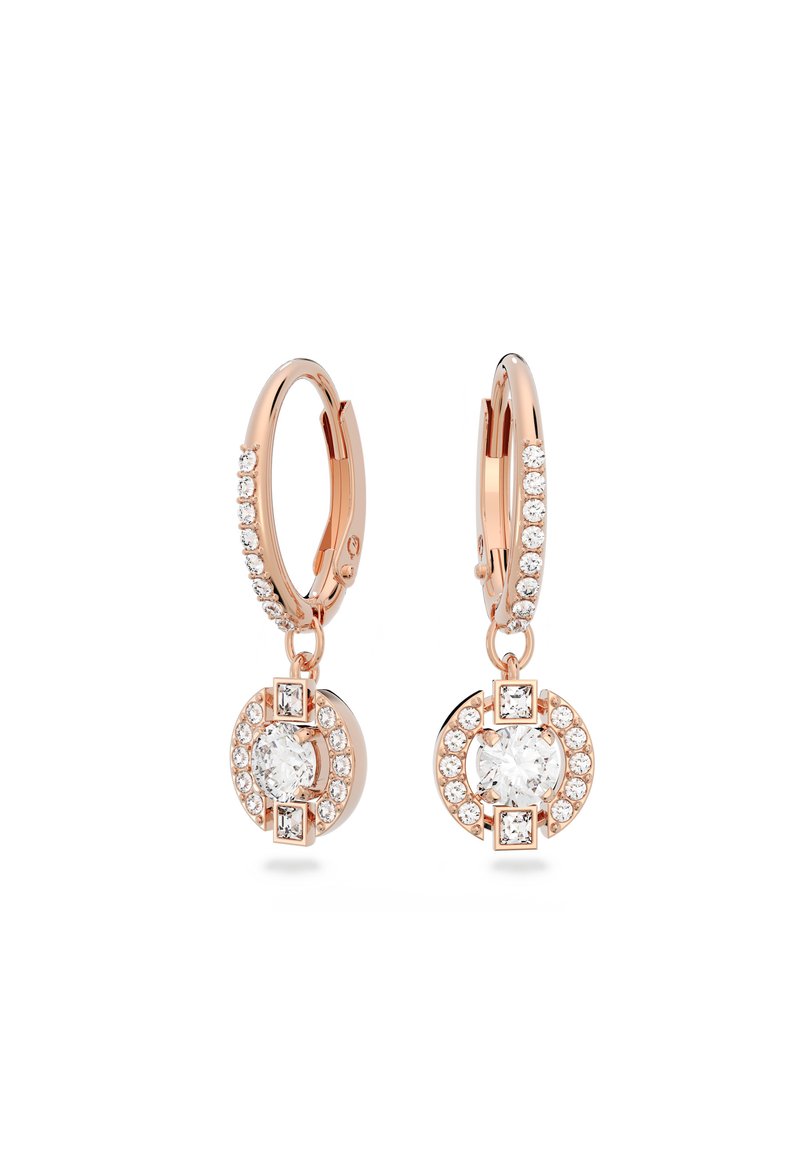 Orecchini a cerchio in oro rosa impreziositi da cristalli trasparenti, con un design a pendente circolare e uno stile pendente.