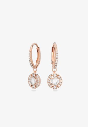 Pendientes de aro en oro rosa adornados con cristales transparentes, que cuentan con un diseño de colgante circular y un estilo colgante.
