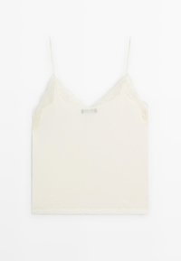 Crème-kleurige top met verstelbare spaghettibandjes, kantdetails langs de halslijn en een zachte, gladde textuur.