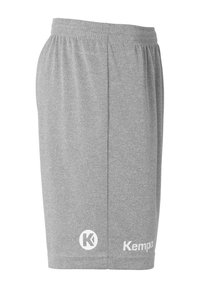 Graue Sportshorts aus weichem Material mit einem elastischen Bund, Seitentaschen und weißen bedruckten Logoelementen.