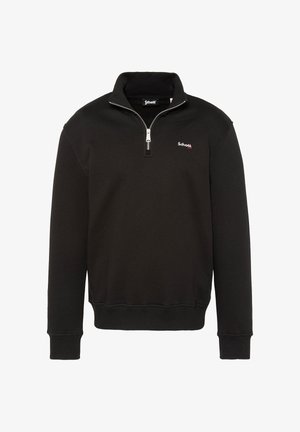 Sudadera negra de mezcla de algodón, con cuello de cremallera de cuarto, puños acanalados y un pequeño logotipo rojo en el lado izquierdo del pecho.