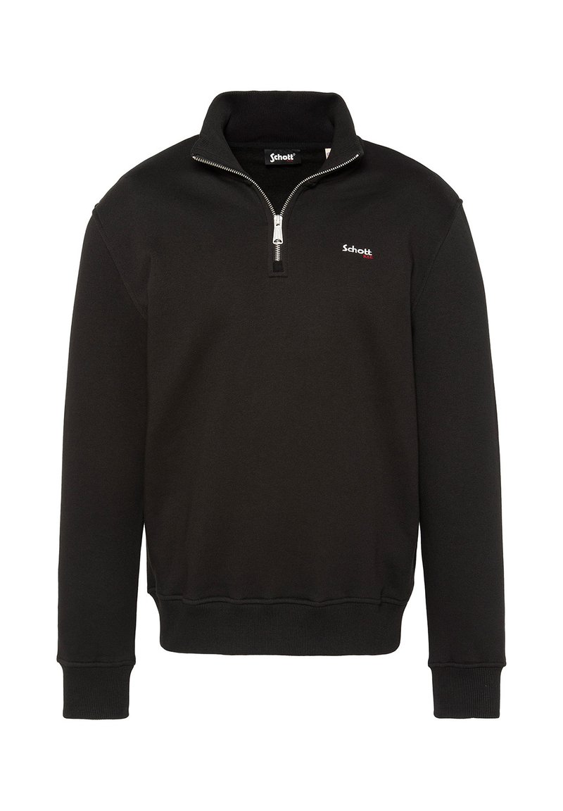 Sudadera negra de mezcla de algodón, con cuello de cremallera de cuarto, puños acanalados y un pequeño logotipo rojo en el lado izquierdo del pecho.