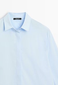 Hellblaues langärmeliges Hemd mit spitzem Kragen und verdeckter Knopfleiste, Marke Massimo Dutti.