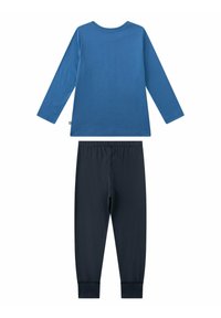 Long-sleeve shirt in blue cotton with a round neckline paired with black cotton pants featuring elastic cuffs and waist.