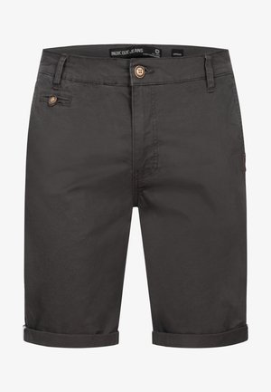 Grå bomullsshorts med knappelukking, rullekanter og en sidelomme. Har subtile sømmer og en teksturert overflate.