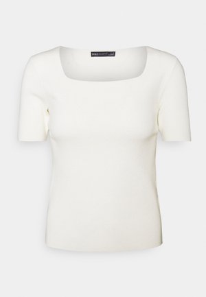 Bílý tričko s hranatým výstřihem vyrobené z měkké pleteniny. Má krátké rukávy a přiléhavý střih s minimalistickým designem.