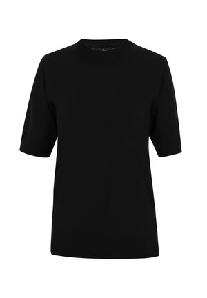 Pullover nero a maniche corte con scollatura tonda. Realizzato in tessuto morbido, presenta un design pulito senza motivi o dettagli hardware visibili.