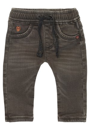 Pantalon en denim gris foncé avec une ceinture élastique, un cordon de serrage noir et un petit détail brodé en forme de cœur sur la poche avant. Coupe ajustée.