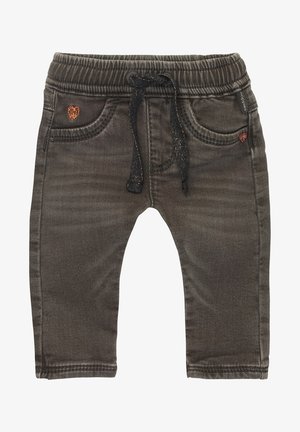 Pantaloni in denim grigio scuro con elastico in vita, coulisse nera e piccolo dettaglio ricamato a cuore sulla tasca frontale. Design aderente.