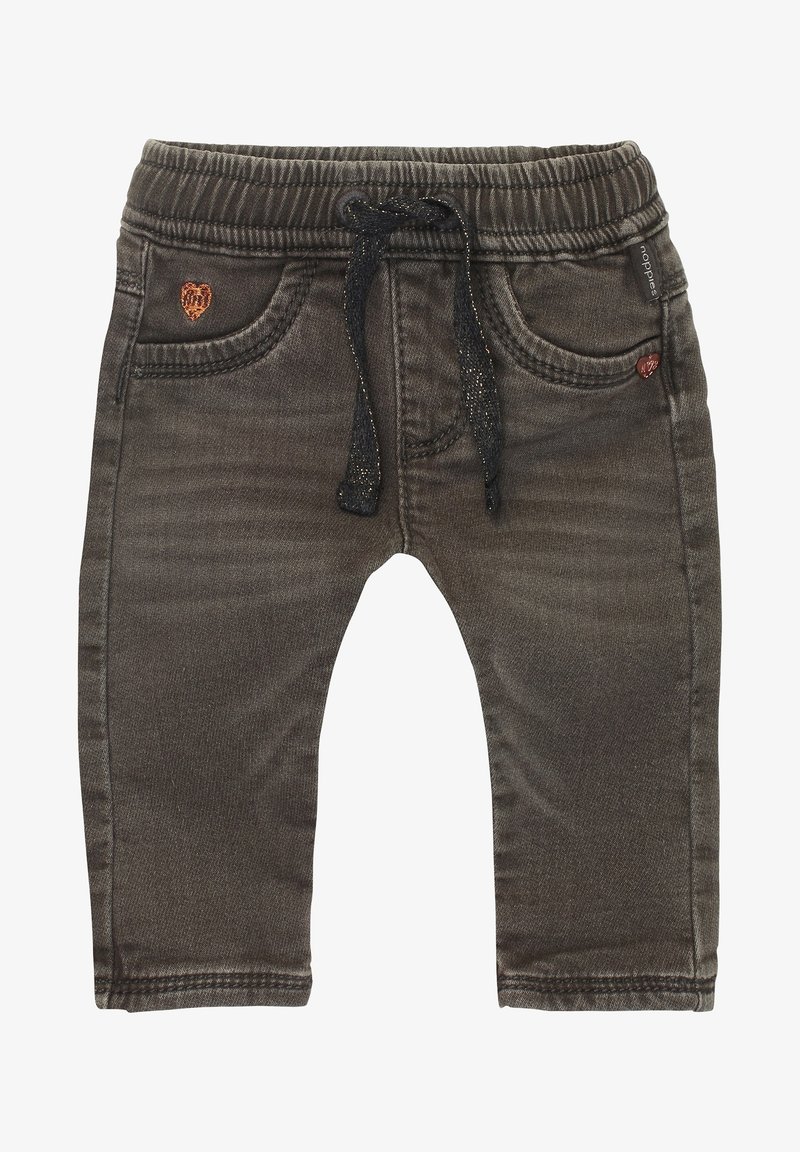 Pantalon en denim gris foncé avec une ceinture élastique, un cordon de serrage noir et un petit détail brodé en forme de cœur sur la poche avant. Coupe ajustée.