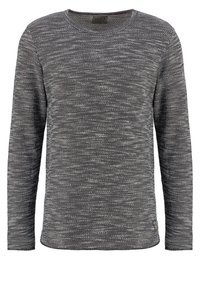 Långärmad grå stickad tröja med rund halsringning och strukturerad mönster, uppställd med framsidan mot en vit bakgrund.