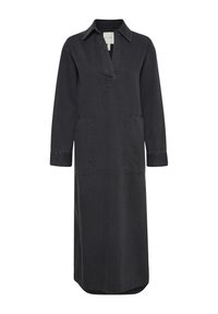 Czarna sukienka dżinsowa z kołnierzykiem, głębokim dekoltem w kształcie litery V i długimi rękawami. Posiada dwie przednie kieszenie oraz prosty krój z lekko zaokrąglonym dołem.