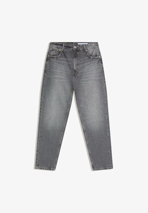 Graue High-Waist-Jeans aus Denim mit Vordertaschen, Knopf- und Reißverschluss sowie dezenten horizontalen Verwaschungseffekten an den Oberschenkeln.