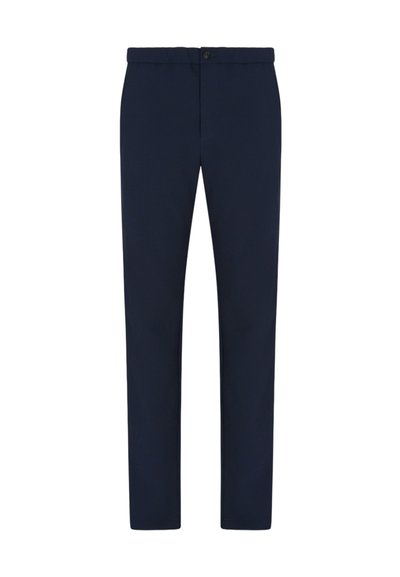 Pantaloni slim-fit blu navy con chiusura a bottone e zip, gamba dritta e senza tasche visibili.