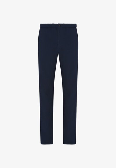 Pantaloni slim-fit blu navy con chiusura a bottone e zip, gamba dritta e senza tasche visibili.