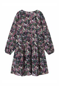 Lillelillede kleit pikkade varrukatega, ümmarguse kaelusega ja volangiga seelikuosa. Selles on erksad lilled tumedal taustal. Kerge kangas.