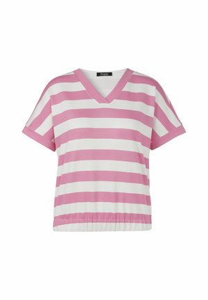 T-shirt à manches courtes avec col en V, rayures horizontales blanches et roses et ourlet élastique, présenté sur fond blanc.