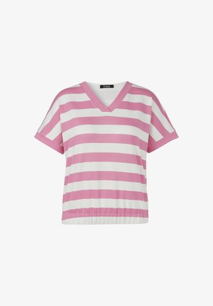 Kurzärmliges V-Ausschnitt-Shirt mit weißen und pinken horizontalen Streifen und elastischem Saum, auf weißem Hintergrund dargestellt.