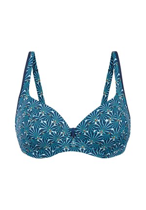 Niebieski biustonosz z kwiatowym wzorem, z fiszbinami, regulowanymi ramiączkami i małą granatową kokardką na środku przodu.