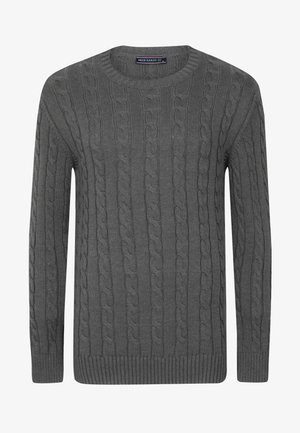 Pull gris à col rond en maille torsadée, manches longues, poignets et ourlet côtelés, étiquette Felix Hardy au niveau du col.