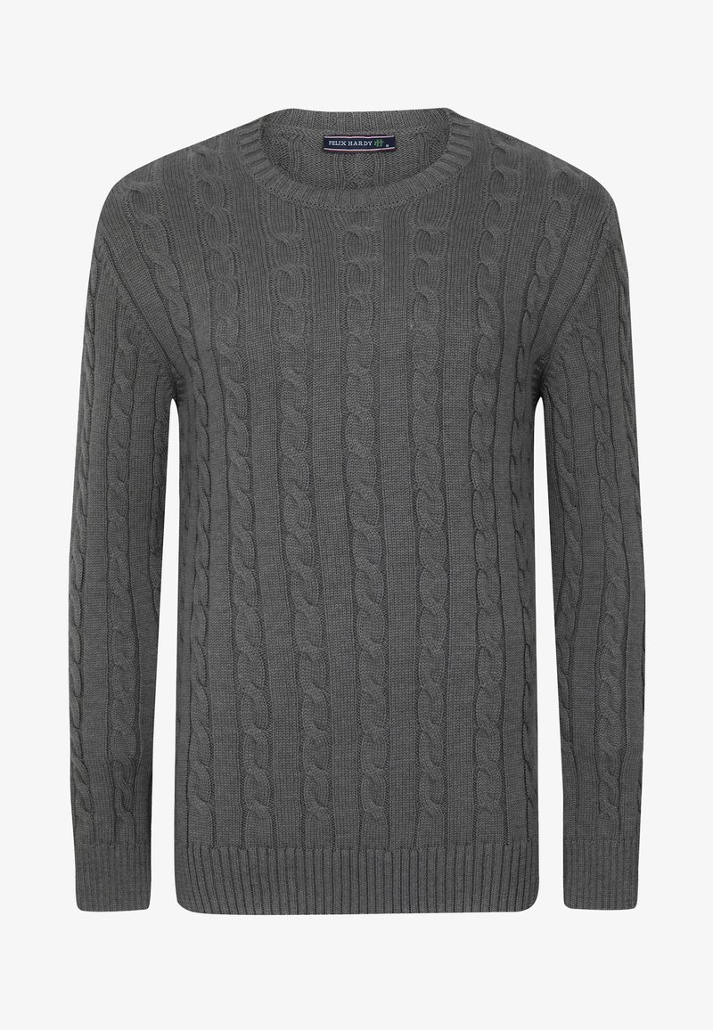 Pull gris à col rond en maille torsadée, manches longues, poignets et ourlet côtelés, étiquette Felix Hardy au niveau du col.