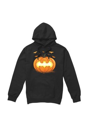 Black hoodie with a glowing carved pumpkin featuring a bat emblem, surrounded by flying bats above the pumpkin.