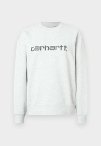 Jasnoszary sweatshirt z okrągłym dekoltem, prążkowanymi mankietami i dołem. Z przodu znajduje się nadrukowane w ciemnoszarym kolorze logo "carhartt.".